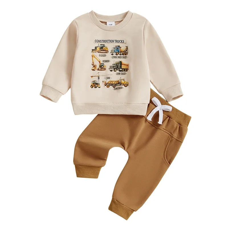 Toddler Baby Boy Outfits Construction Print Long Sleeve Pullover Tops Long Pants 2Pcs Winter Fall Set