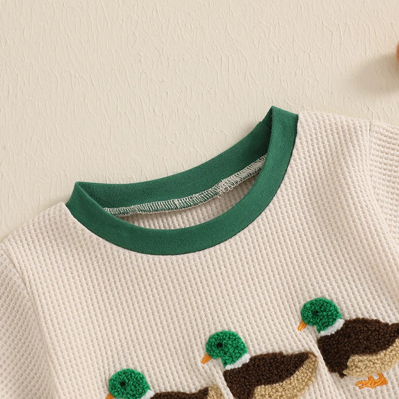 Boys Summer Shorts Sets Short Sleeve O Neck Duck Embroidery Tops and Drawstring Shorts Sets