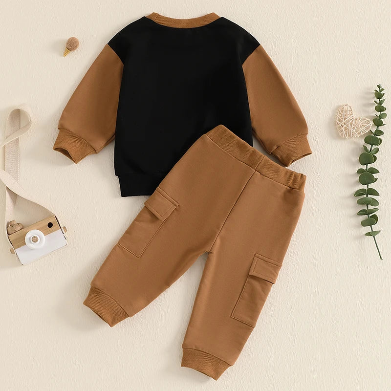 Toddler Baby Boy 2Pcs Outfit Long Sleeve Contrast Color Sweatshirt + Cargo Pants Set Clothes