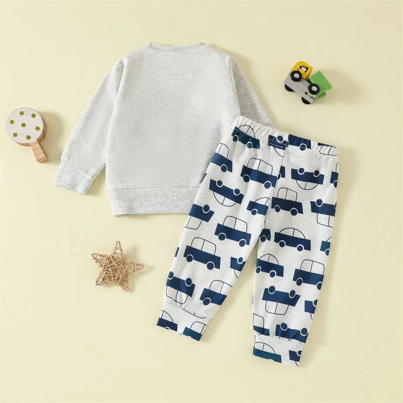 Toddler Baby Boy Outfit Car Embroidery Long Sleeve Pullover Sweatshirt Elastic Waist Pants 2 Piece Set