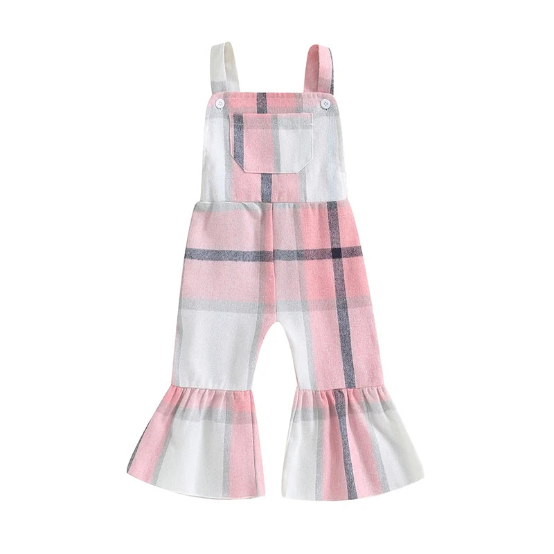 Little Girl Plaid Overalls Casual Square Neck Sleeveless Bell Bottom Jumpsuit for Fall