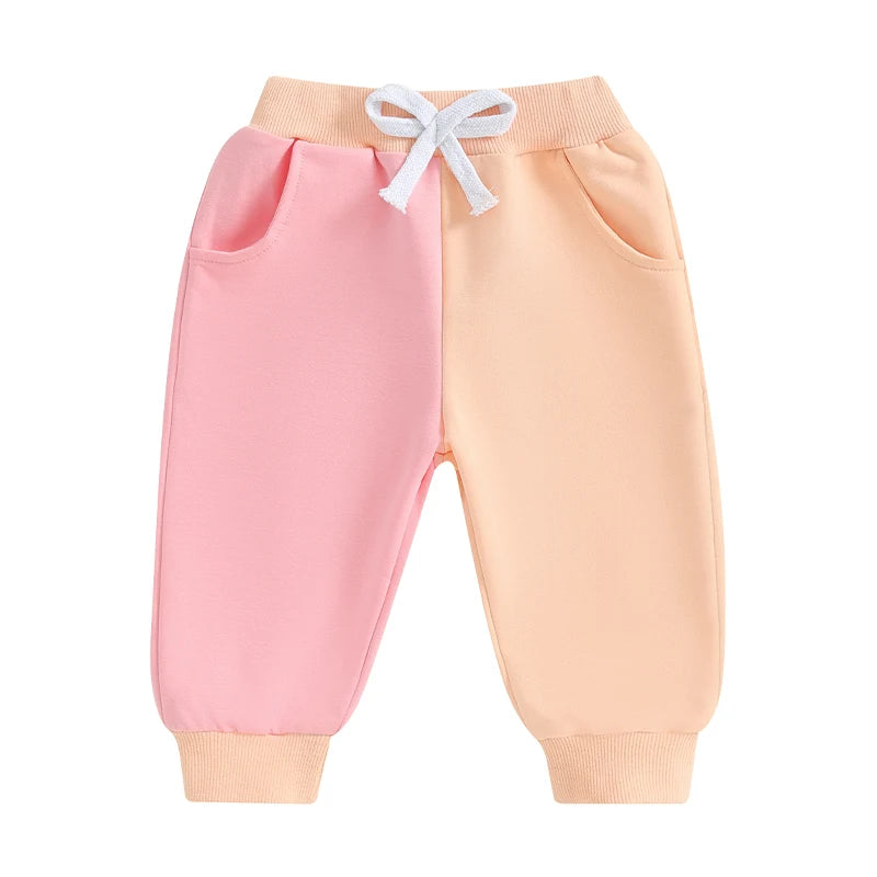 Little Kids Contrast Color Pants Pocket Drawstring Elastic Waistband Fall Long Trousers