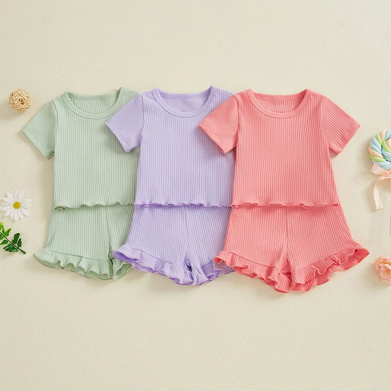 Toddler Baby Girl Ribbed Outfit Solid Color Short Sleeve T-shirts Elastic Waist Ruffle Shorts Set