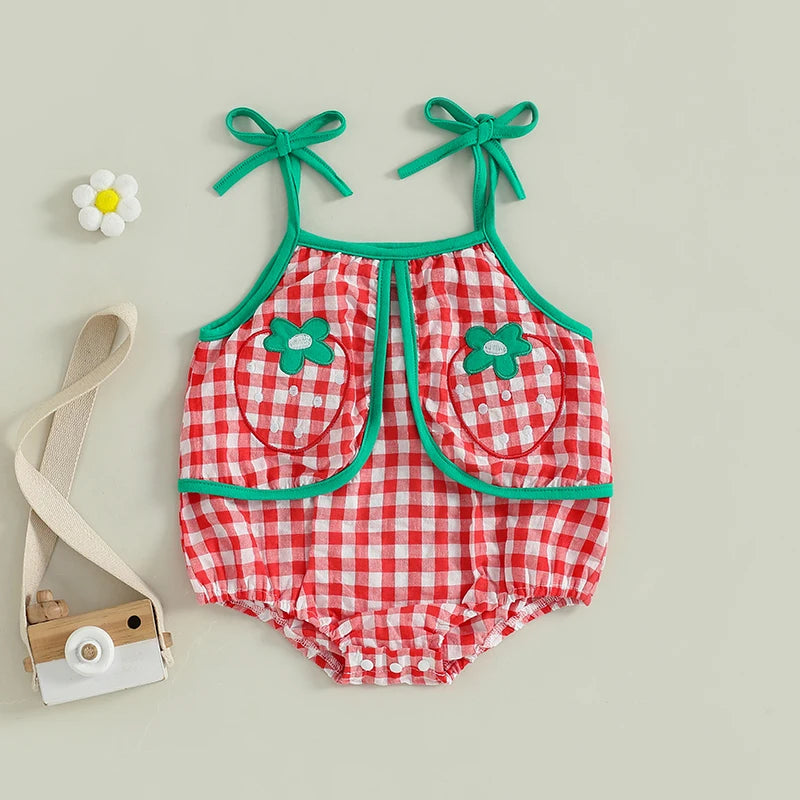 Baby Girl Summer Plaid Romper Sleeveless Flower Embroidery Strappy Shoulder Cami Jumpsuit