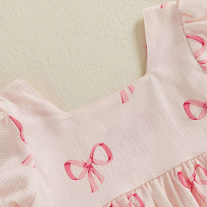 Toddler Girls Dress Bowknot Print Sqaure Neck Short Sleeve Casual Dress Baby Summer Dress
