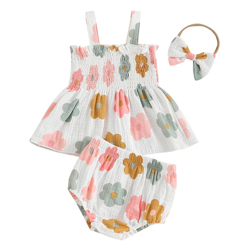 Baby Girl Summer Clothes Floral Print Suspender Smocked Tank Tops + Elastic Waist Shorts + Bow Headband 3Pcs Set
