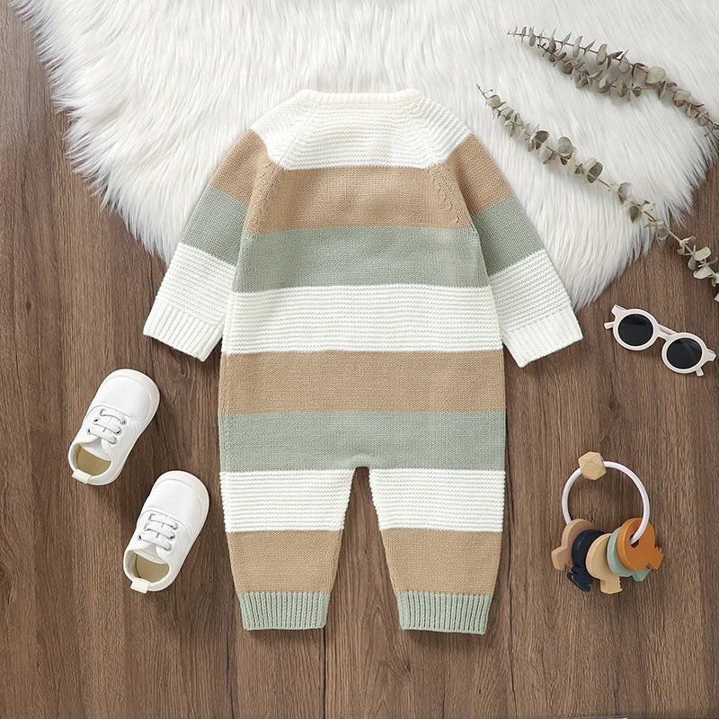 Baby Boy Sweater Romper Striped Crew Neck Long Sleeve Full Length Jumpsuit