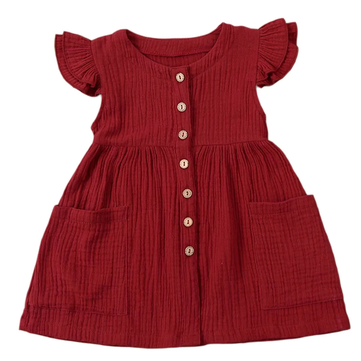 Toddler Kid Baby Girl Summer Dress Ruffles Sleeves Cotton Button Pocket Dress Sundress Clothes