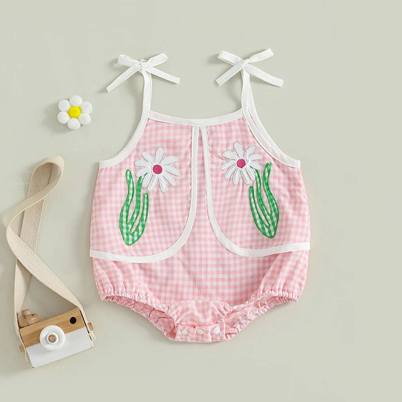Baby Girl Summer Plaid Romper Sleeveless Flower Embroidery Strappy Shoulder Cami Jumpsuit