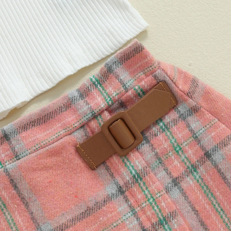 Toddler Girl Fall Outfits Solid Color Ribbed Knit Ruffles Crew Neck Long Sleeve Tops Plaid Skirts Hat Set