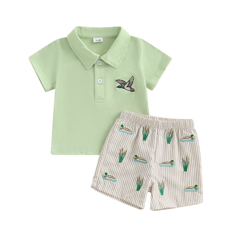 Baby Boys Shorts Set Short Sleeve Embroidery Duck T-shirt with Striped Shorts Summer Outfit