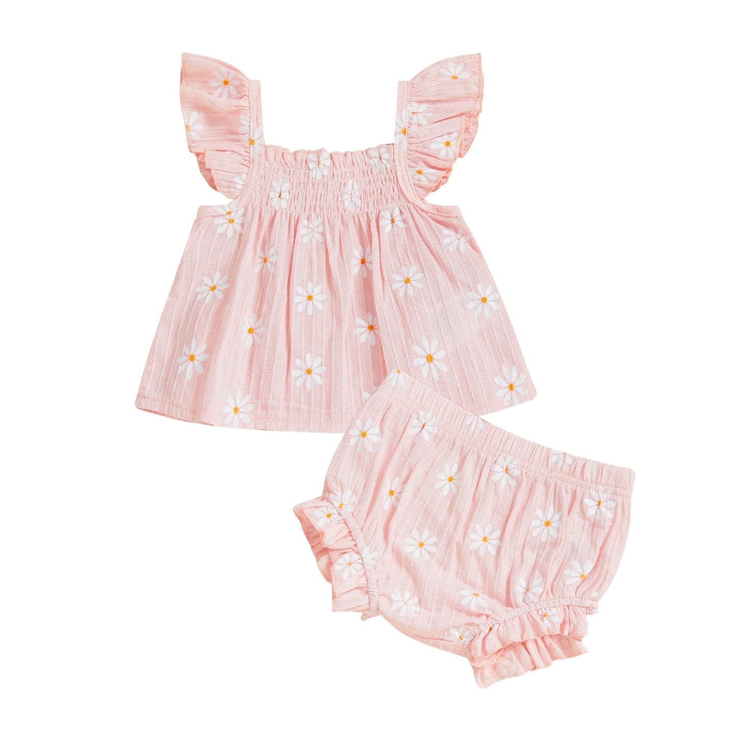 Baby Girl Daisy Outfit Smocked Flying Sleeve Babydoll Tops Elastic Waist Ruffle Shorts Cute Summer Clothes 2Pcs Set