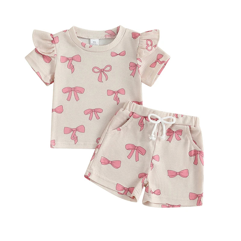 Toddler Girl Summer Clothes Bow Print Short Sleeve O-Neck T-Shirt with Elastic Waist Shorts Waffled Set