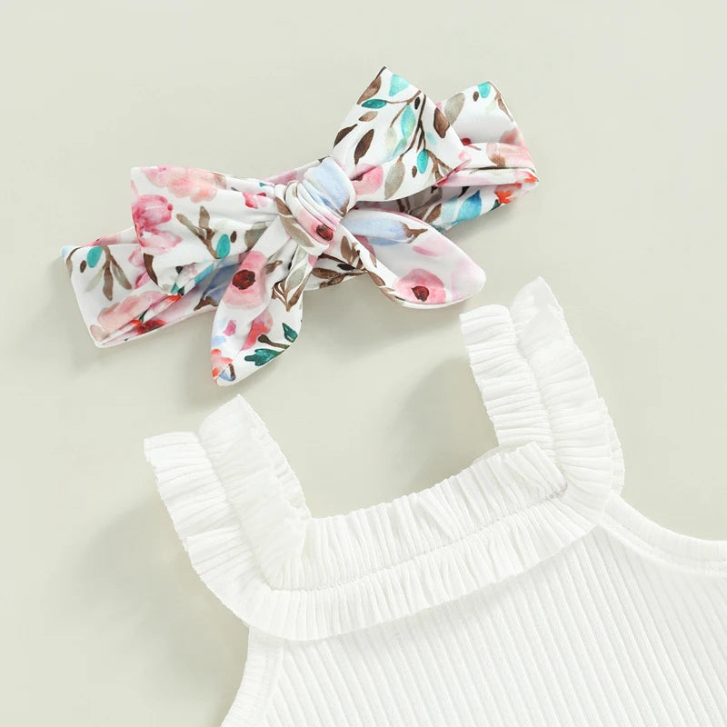 Infant Baby Girls Shorts Set Sleeveless Romper Flower/Rainbow/ Print Shorts Hairband
