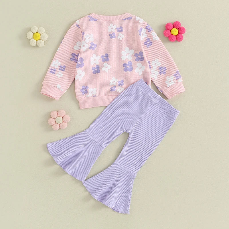 Baby Girl Fall Outfits Long Sleeve Floral Print Pullover Tops Flare Pants Set Toddler Spring Clothes