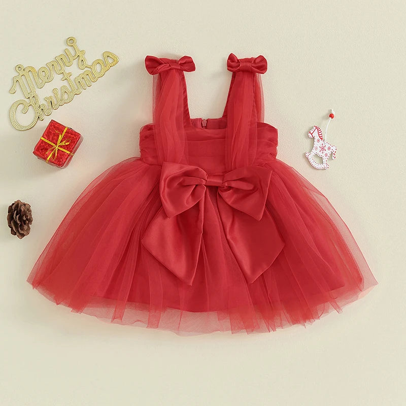 Infant Baby Girls Princess Dress Sleeveless Strap Elegant Bow Tulle Patchwork Christmas Tutu Sundress
