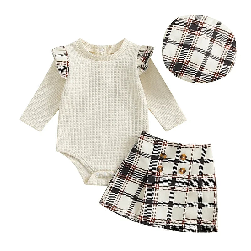 Baby Girls Clothes Sets Ruffles Long Sleeve Ribbed Romper+Plaid Print A-Line Skirts Hats