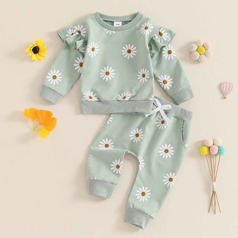 Toddler Girl Fall Outfit Daisy Print Long Sleeve Sweatshirt with Elastic Waist Pants 2 Pcs Set
