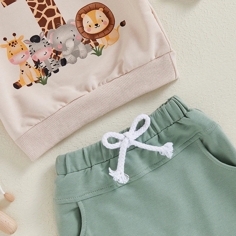 Baby Boy First Birthday Outfit, Animal Print Long Sleeve Sweatshirt Elastic Waist Pants Set for Fall
