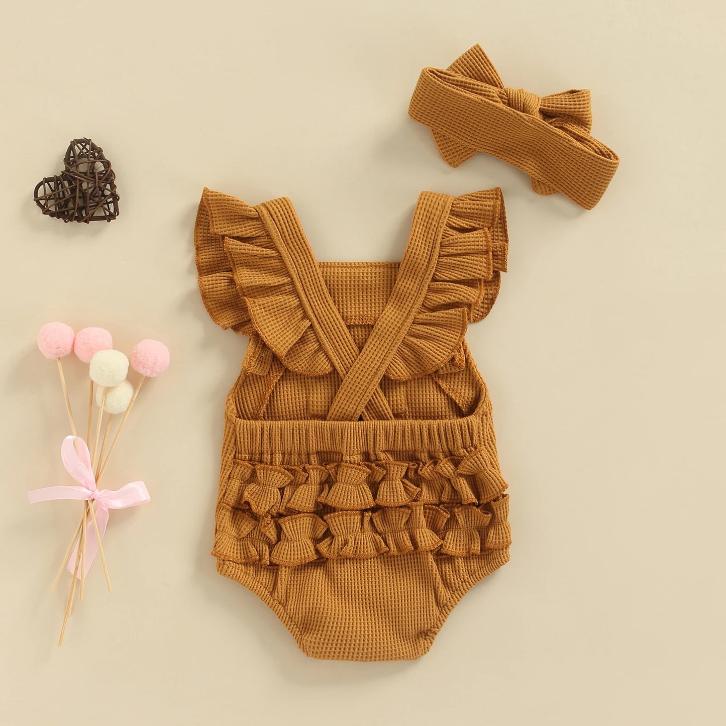 Infant Baby Girl Bodysuit Floral Pattern Ruffle Sleeve Bottom Snap Jumpsuit with Solid Hair