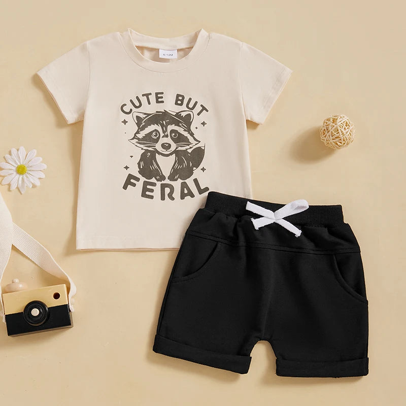 Toddler Boys Summer Outfits Raccoon Letter Print Short Sleeve T-Shirts Elastic Waist Shorts Clothes Set