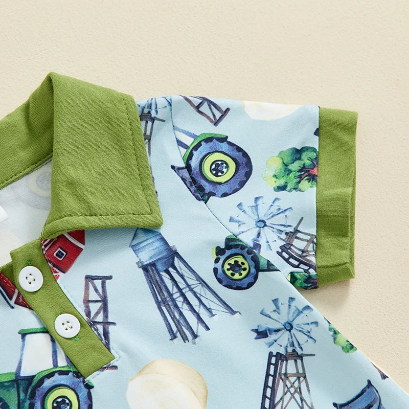 Baby Boys Summer Button Romper Short Sleeve Lapel Western Elements Print Jumpsuit