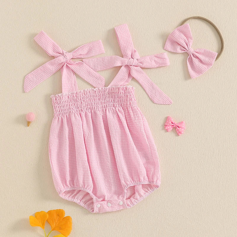 Baby Girl Plaid Print Romper Sleeveless Tie Strap Smocked Jumpsuit with Bow Headband