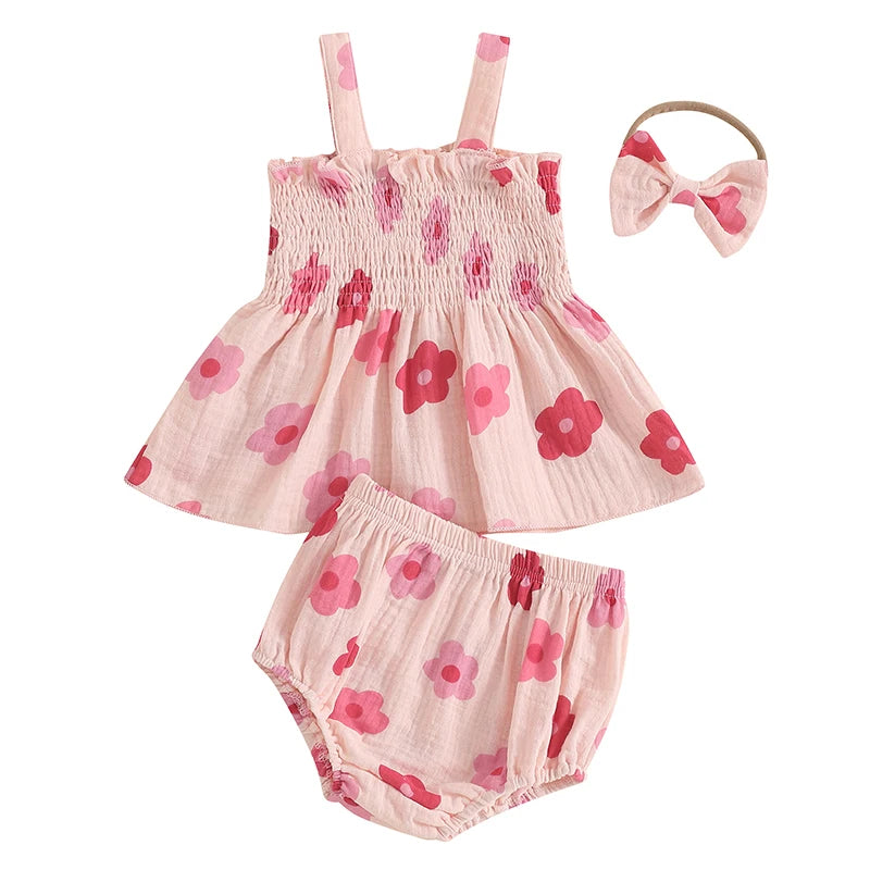 Baby Girl Summer Clothes Floral Print Suspender Smocked Tank Tops + Elastic Waist Shorts + Bow Headband 3Pcs Set