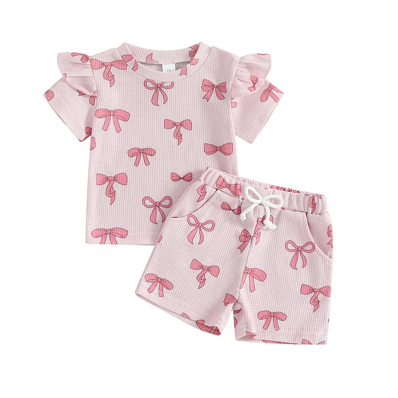Toddler Girl Summer Clothes Bow Print Short Sleeve O-Neck T-Shirt with Elastic Waist Shorts Waffled Set