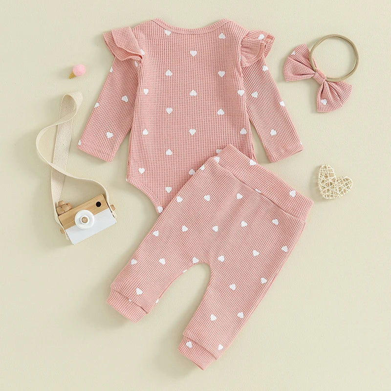 Infant Baby Girl Clothes Set Waffle Knit Heart Long Sleeve Romper Pants Headband Suit Outfits Fall Clothes