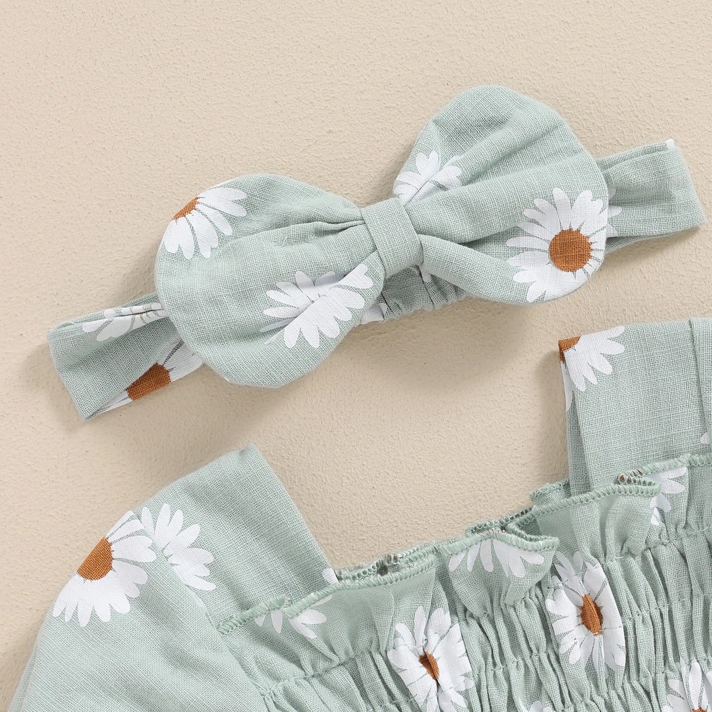 Baby Girl 2Pcs Summer Outfits Short Sleeve Daisy Print Smocked Romper with Headband Set Newborn Clothes