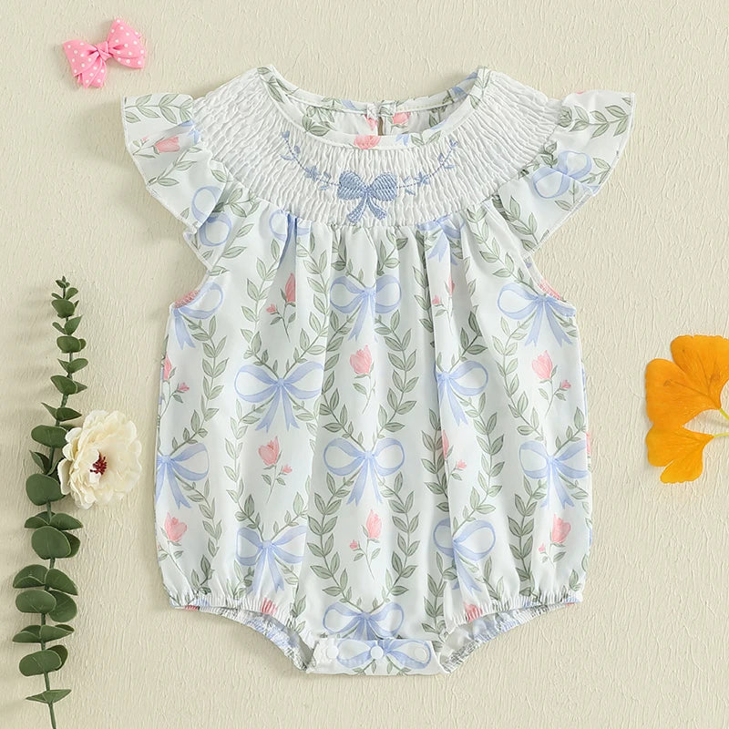 Baby Girls Romper Fly Sleeve Crew Neck Floral Print Summer Bodysuit