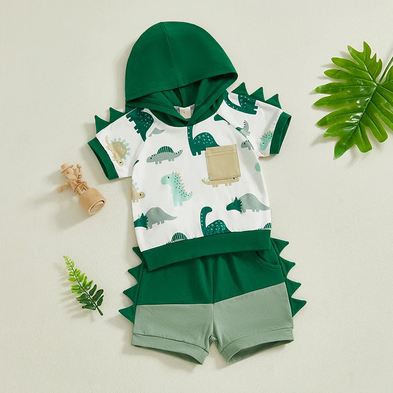Toddler Baby Boy Summer Outfits Short Sleeve Dinosaur Print Hooded Tops+Shorts Set Clothes