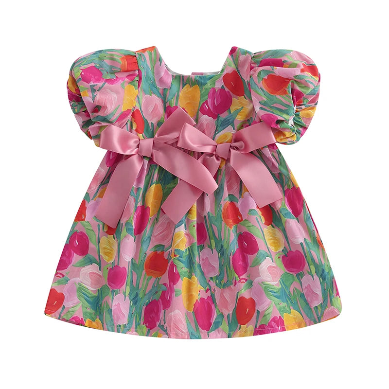 Toddler Baby Girl Floral Dress Short Sleeve Square Neck Bow Front Floral Print Loose Dress Casual Dress