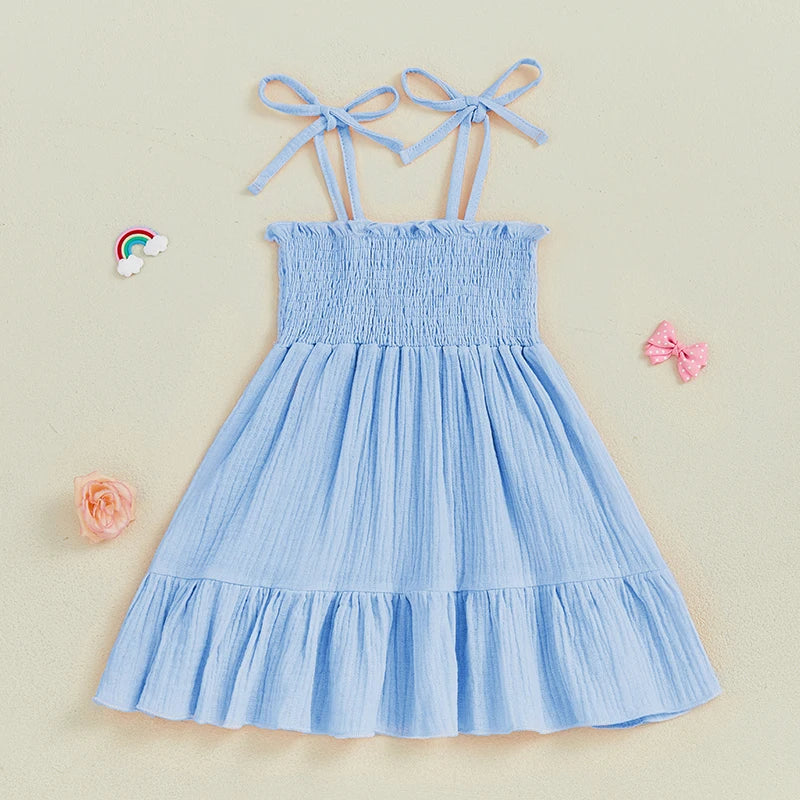 Little Girl Tie Shoulder Dress Solid Smocked Spaghetti Strap Tiered Ruffled Dress Cute Summer Clothes
