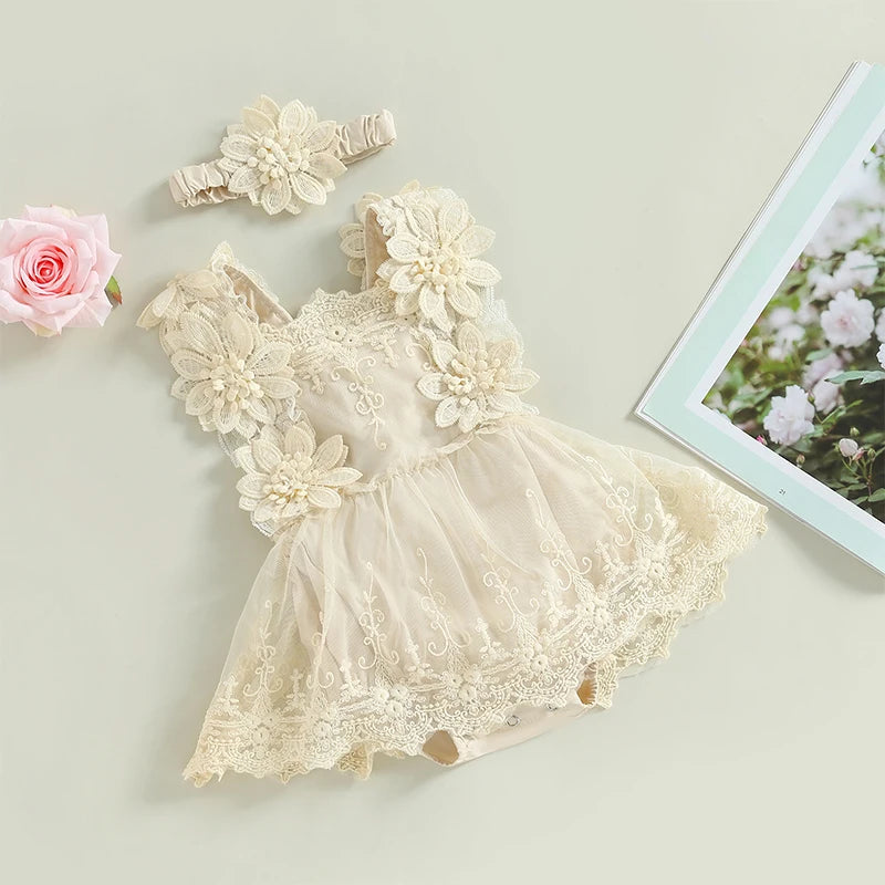 Baby Girls Bodysuit Summer Sleeveless Square Neck Floral Lace Bodysuit Tops Head Band