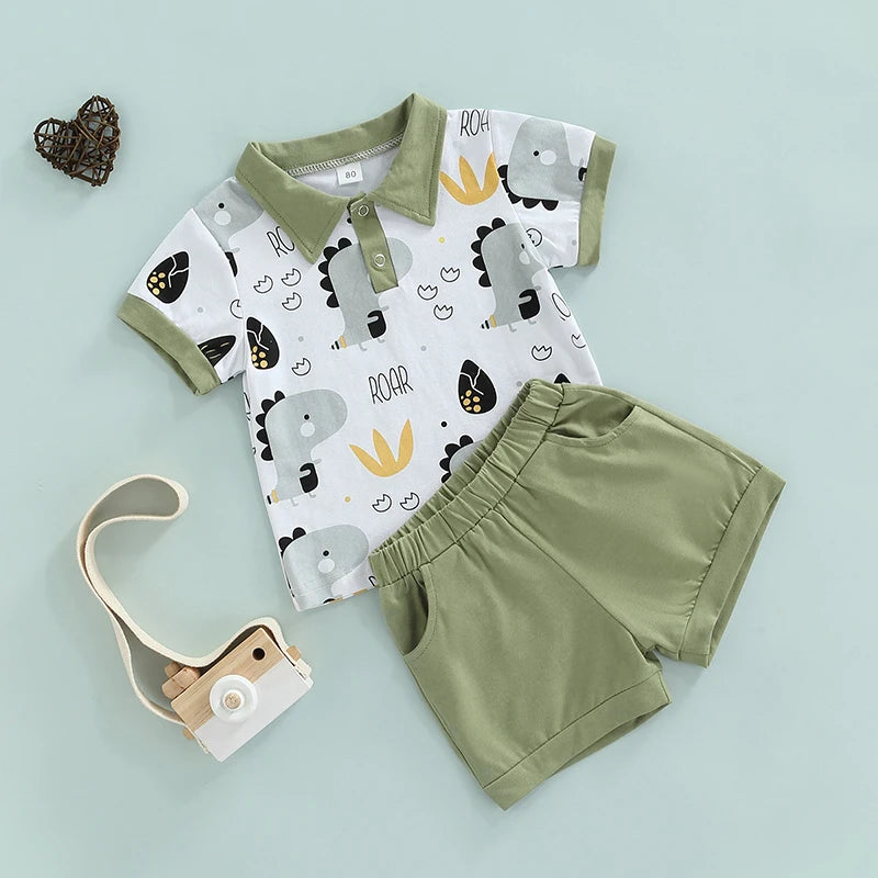 Summer Toddler Kids Boys Casual Suit Cartoon Printed Short Sleeve Tops+Short Pants Clothes Set