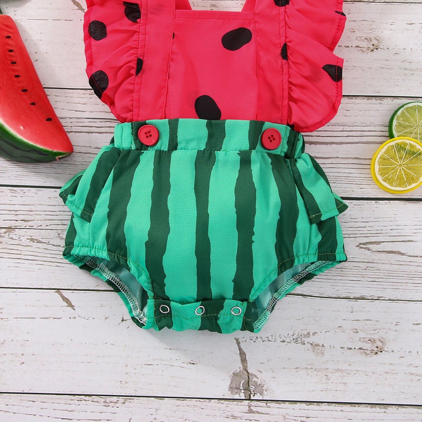 Newborn Baby Girl 2 Pcs Outfits Watermelon Print Design Square Neck Fly Sleeve Bodysuit Headband