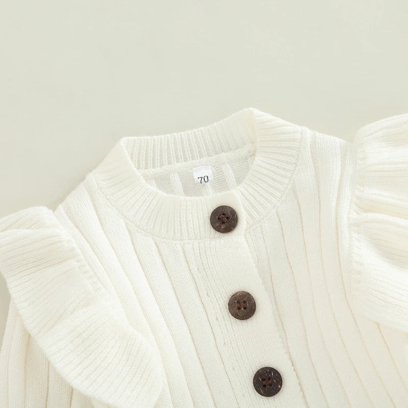 Baby Girl’s Knitted Long Sleeve Jumpsuit Fashion Solid Round Neck Button Casual Long Romper