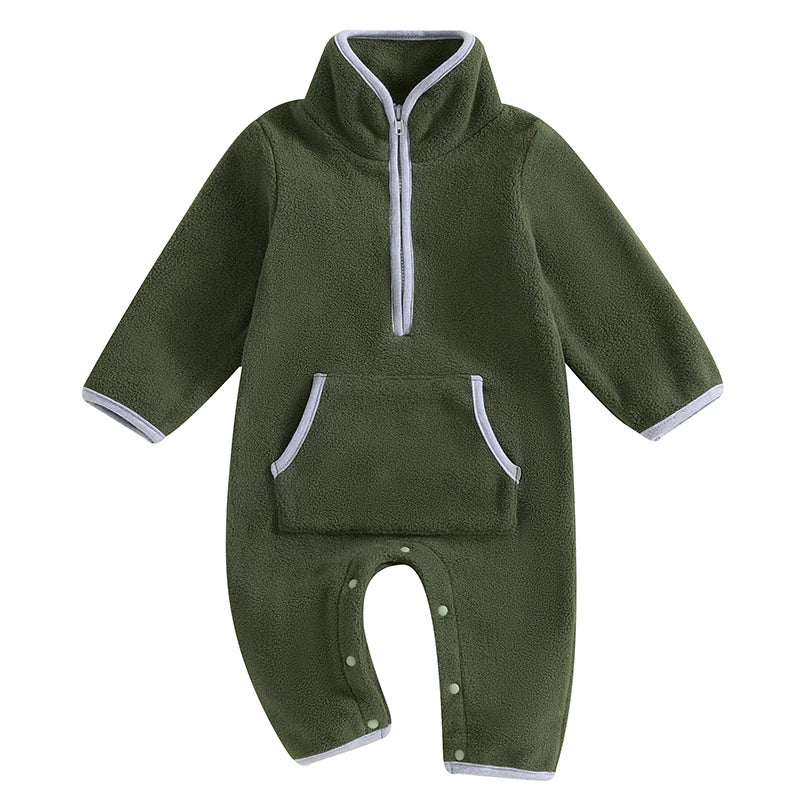 Baby Boys Fleece Long Sleeve Plush Zip Up Romper With Pockets
