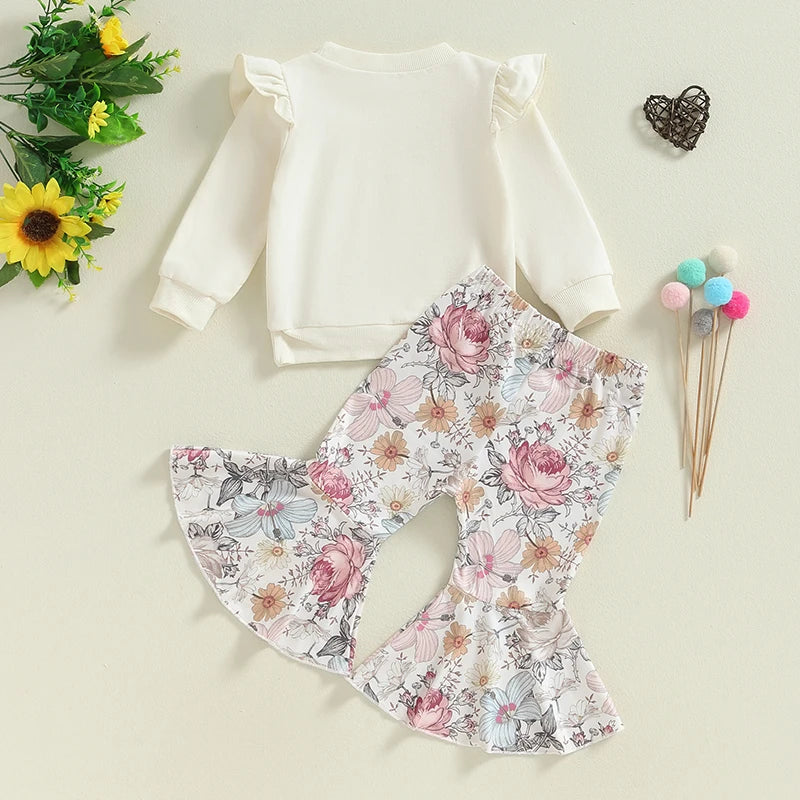 Little Girls 2PCS Outfits Flying Sleeve Round Neck Tops Floral/Butterfly Print Flared Pants Sets 6M-4Y