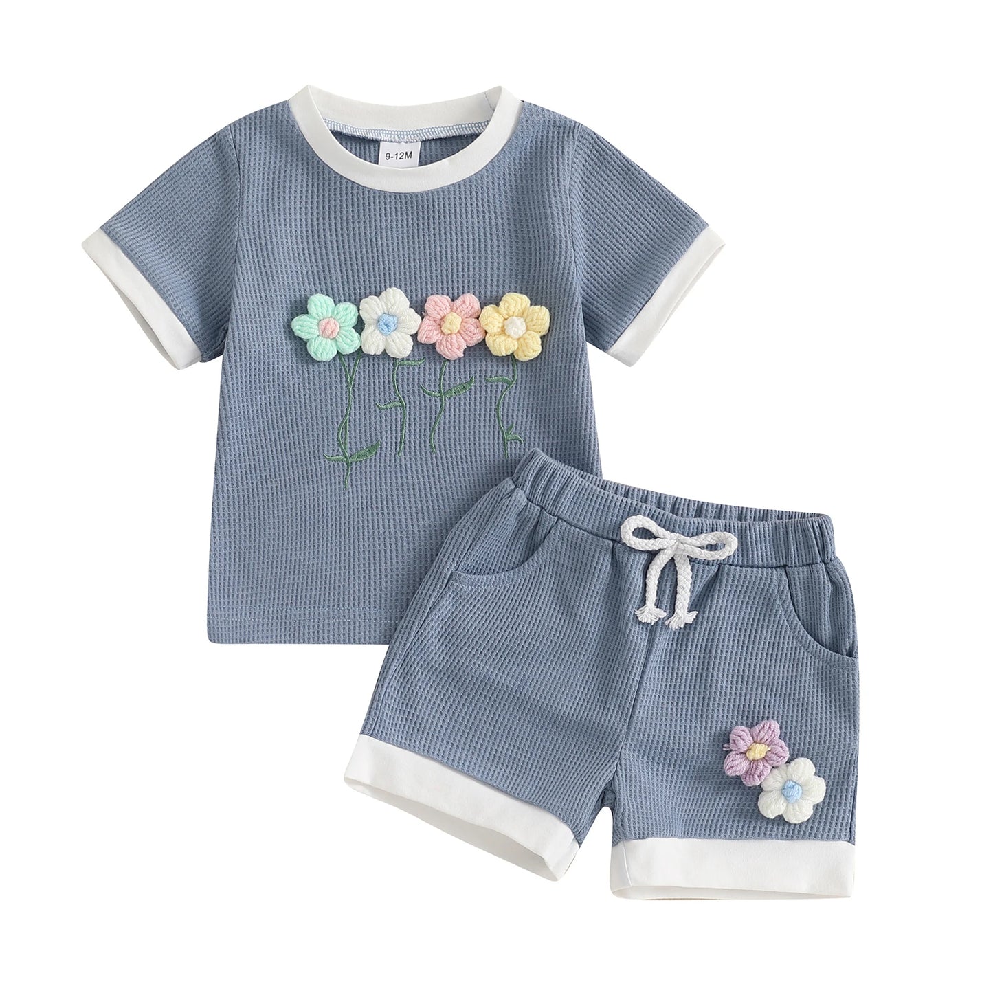 Toddler Girl Summer Waffled Clothes 3D Flower Short Sleeve Round Neck Tops Elastic Waist Shorts Outfit