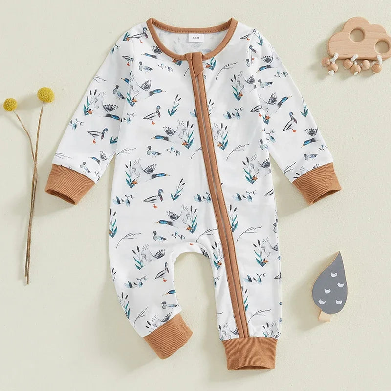 Baby Boy Romper Duck Print Zip Up Long Sleeve Round Neck Jumpsuit