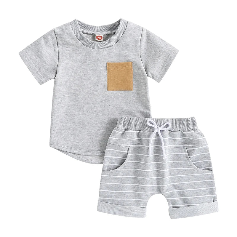 Baby Kids Boys 2Pcs Summer Set Short Sleeve Crew Neck T-shirt with Striped Shorts Outfit