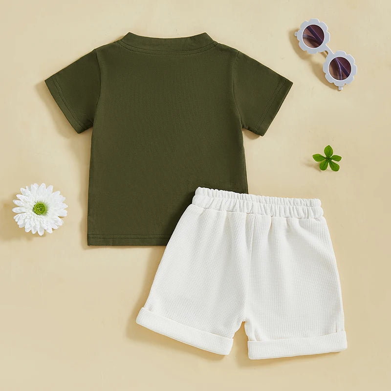 Summer Toddler Boys Shorts Sets Short Sleeve O Neck Button Up Tops and Solid Color Shorts Set