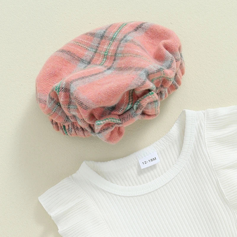Toddler Girl Fall Outfits Solid Color Ribbed Knit Ruffles Crew Neck Long Sleeve Tops Plaid Skirts Hat Set