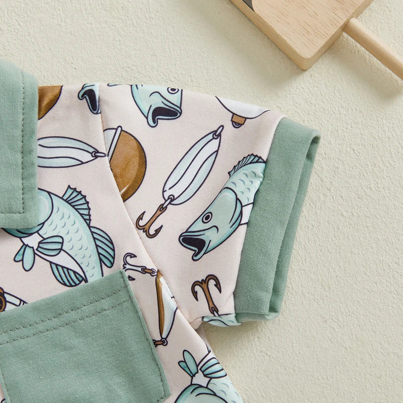 Baby Boy Fish Print Romper Half Button-up Lapel Neck Short Sleeve Bodysuit Cute Summer Clothes