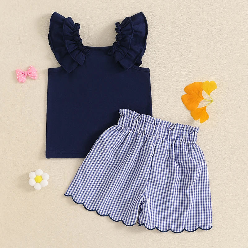 Toddler Girl Summer Clothes Sleeveless Ruffled Tank Tops + Bow Decor Plaid Print Shorts 2Pcs Set