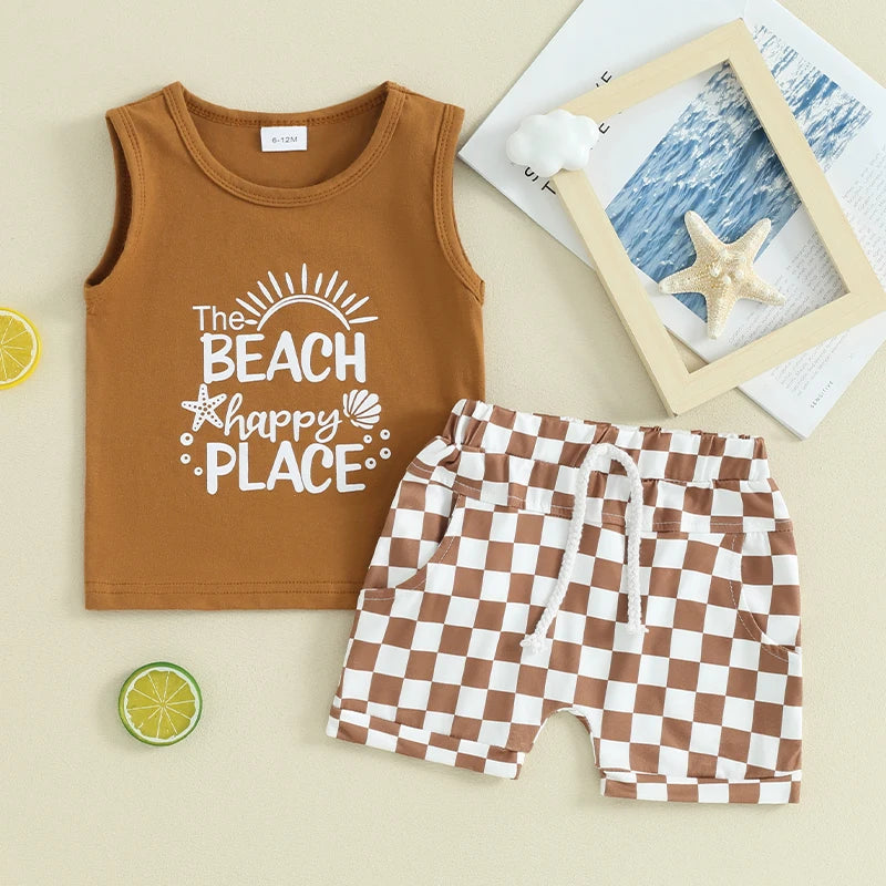 Toddler Boys Summer Outfits Letter Car Print Sleeveless Tank Tops and Checkerboard Elastic Waist Shorts Clothes Set