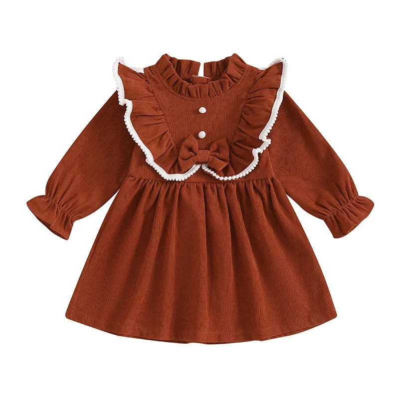 Autumn Spring Little Girl Corduroy Dress Mock Neck Ruffled Long Sleeve Bow Decor A-Line Dress